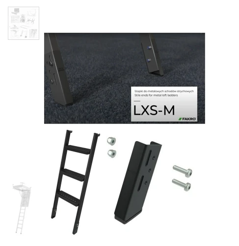 Zum Produkt FAKRO LXS -M Schwarze Bodenschutzkappen (Set mit 2 Elementen), mit Dachbodenleitern aus Metall kompatibel:(LMS, LMK, LMP, LMF60)Möglichkeit zur Verlängerung der Leiter durch: 76mm*, für , Zubehör für FAKRO Bodentreppen *