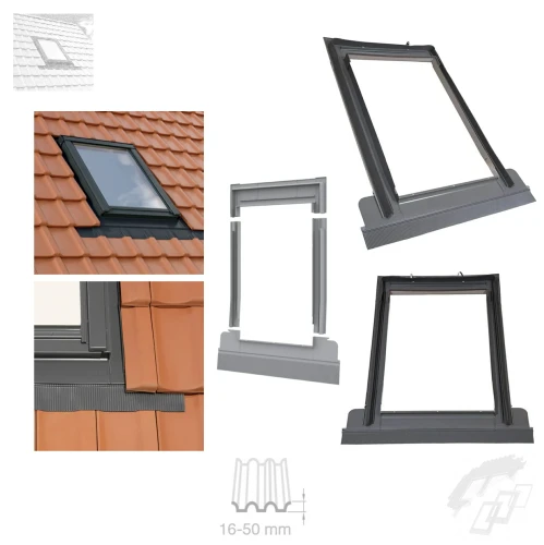 Zum Produkt ROOFLITE+ TFX (KTF) Eindeckrahmen für Ziegelprofilhöhe 16-50 mm: Dachziegel,  Stahlplatten, Trapezbleche, Profilhöhe Aluminium Einzel-Eindeckrahmen RAL 7043, Dachneigung: 15°-90°, Montage & Installation Zubehör für Dachfenster *